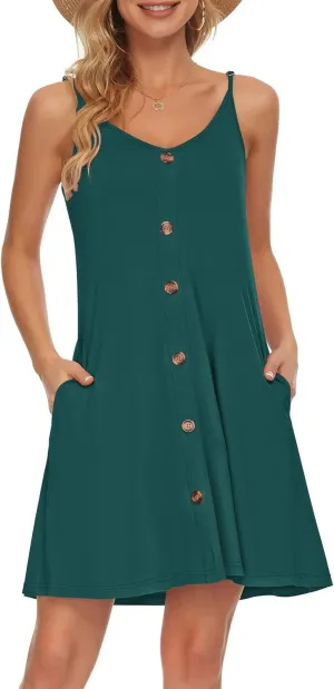 WNEEDU Women's Summer Spaghetti Strap Button Down V Neck Casual Beach Cover Up Dress with Pockets