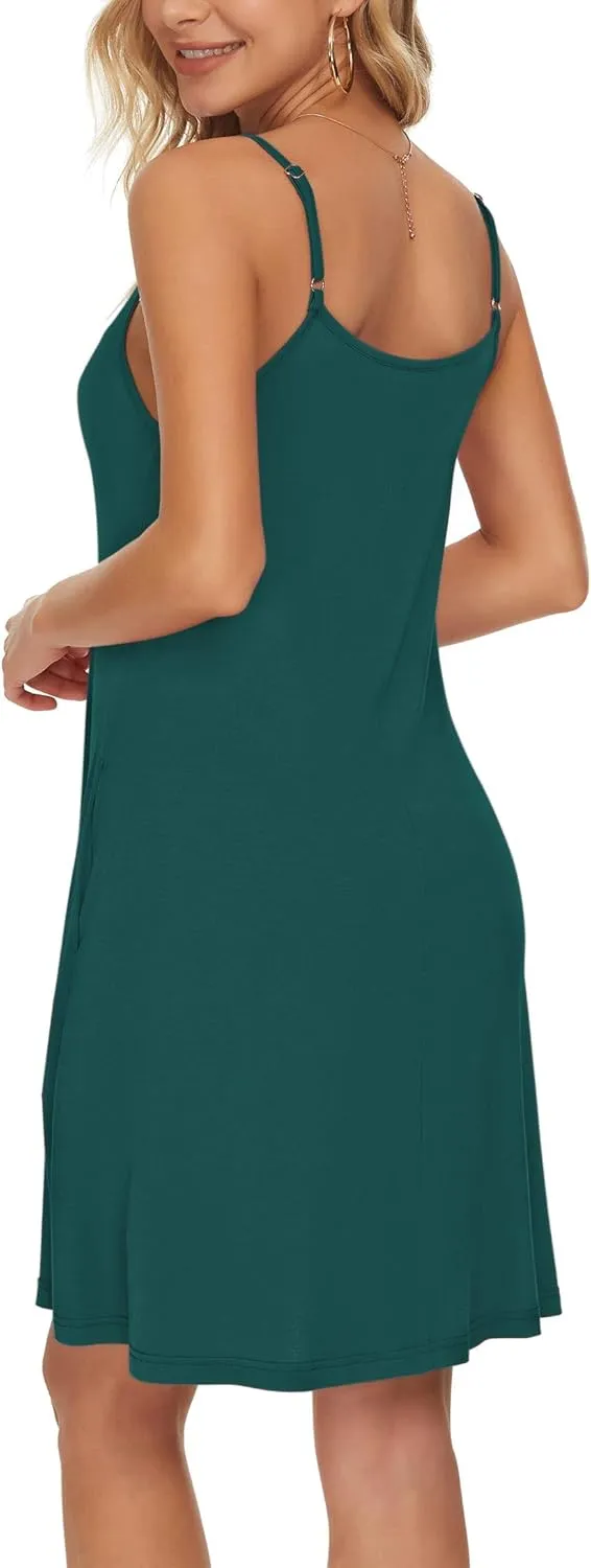 WNEEDU Women's Summer Spaghetti Strap Button Down V Neck Casual Beach Cover Up Dress with Pockets