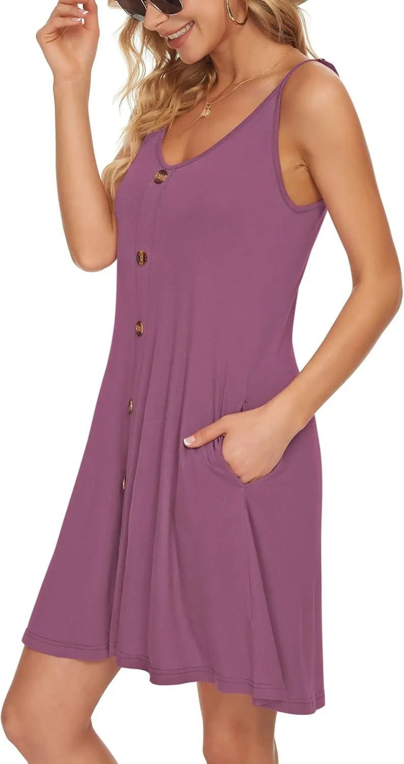 WNEEDU Women's Summer Spaghetti Strap Button Down V Neck Casual Beach Cover Up Dress with Pockets