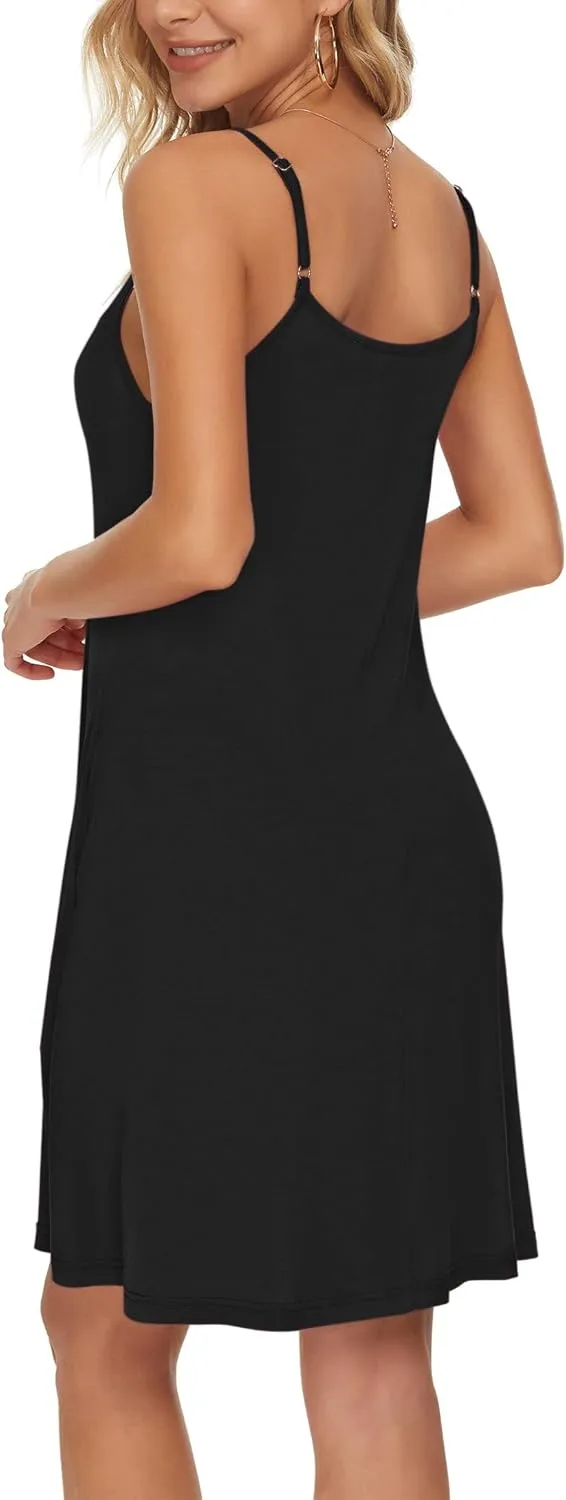 WNEEDU Women's Summer Spaghetti Strap Button Down V Neck Casual Beach Cover Up Dress with Pockets