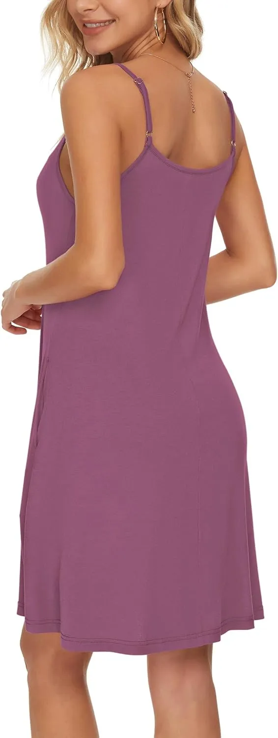 WNEEDU Women's Summer Spaghetti Strap Button Down V Neck Casual Beach Cover Up Dress with Pockets