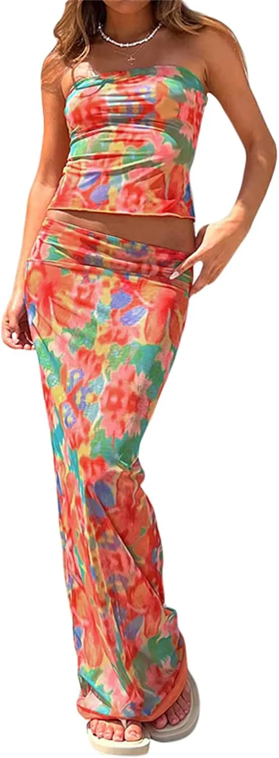 Women 2 Piece Maxi Skirt Sets Strapless Tube Tops Floral Bodycon Long Skirt Two Piece Outfit Y2k Summer Beachwear