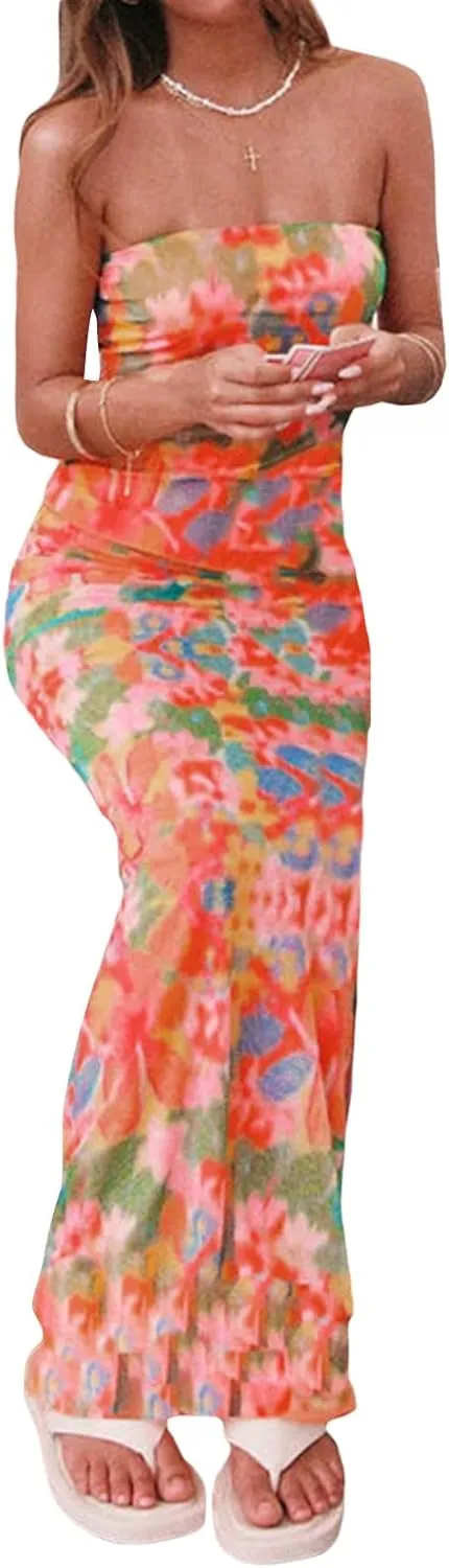 Women 2 Piece Maxi Skirt Sets Strapless Tube Tops Floral Bodycon Long Skirt Two Piece Outfit Y2k Summer Beachwear