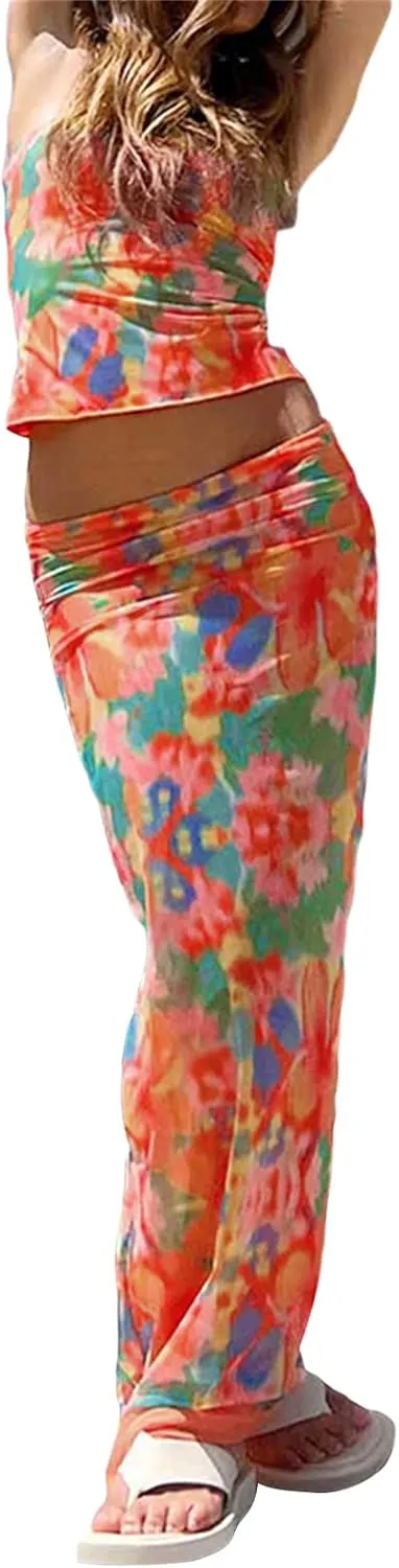 Women 2 Piece Maxi Skirt Sets Strapless Tube Tops Floral Bodycon Long Skirt Two Piece Outfit Y2k Summer Beachwear