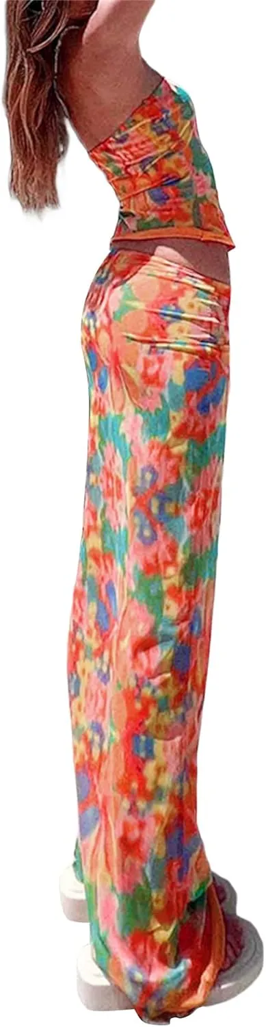 Women 2 Piece Maxi Skirt Sets Strapless Tube Tops Floral Bodycon Long Skirt Two Piece Outfit Y2k Summer Beachwear