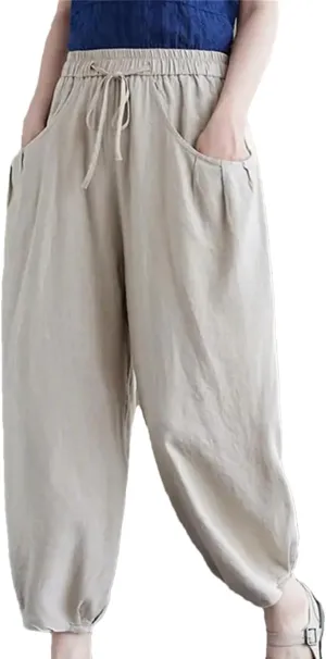 Women Casual Ankle-Length Pants Vintage Style Solid Pants Loose Cotton Linen Harem Pants