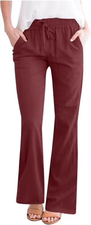 Women Cotton Linen Flare Pants Summer Drawstring Bootcut Trousers Boho Beach Lightweight Slacks Ladies Travel Clothes