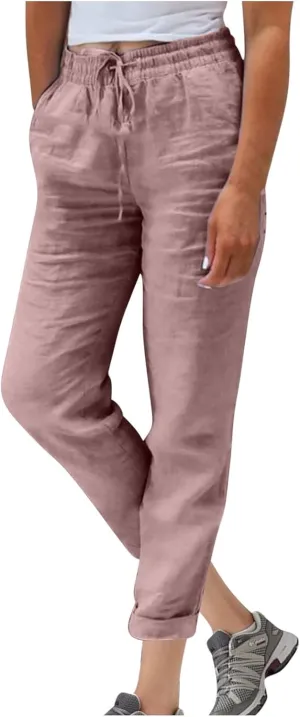 Women Cotton Linen Pants, Lightweight Summer Drawstring Tapered Trousers Casual Elastic High Waist Slack with Pockets