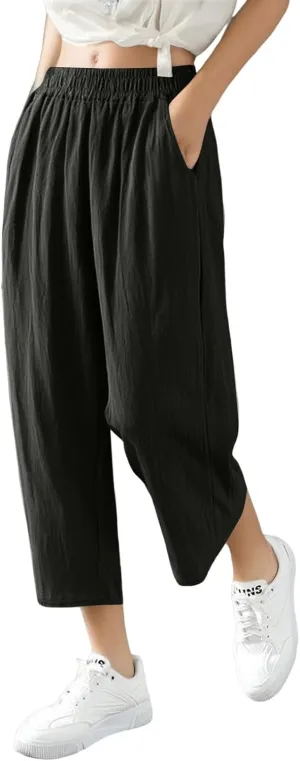 Women Linen Pants Cropped Pants Wide Leg High Waisted Palazzo Pants Summer Flowy Beach Lounge Casual Trousers with Pockets