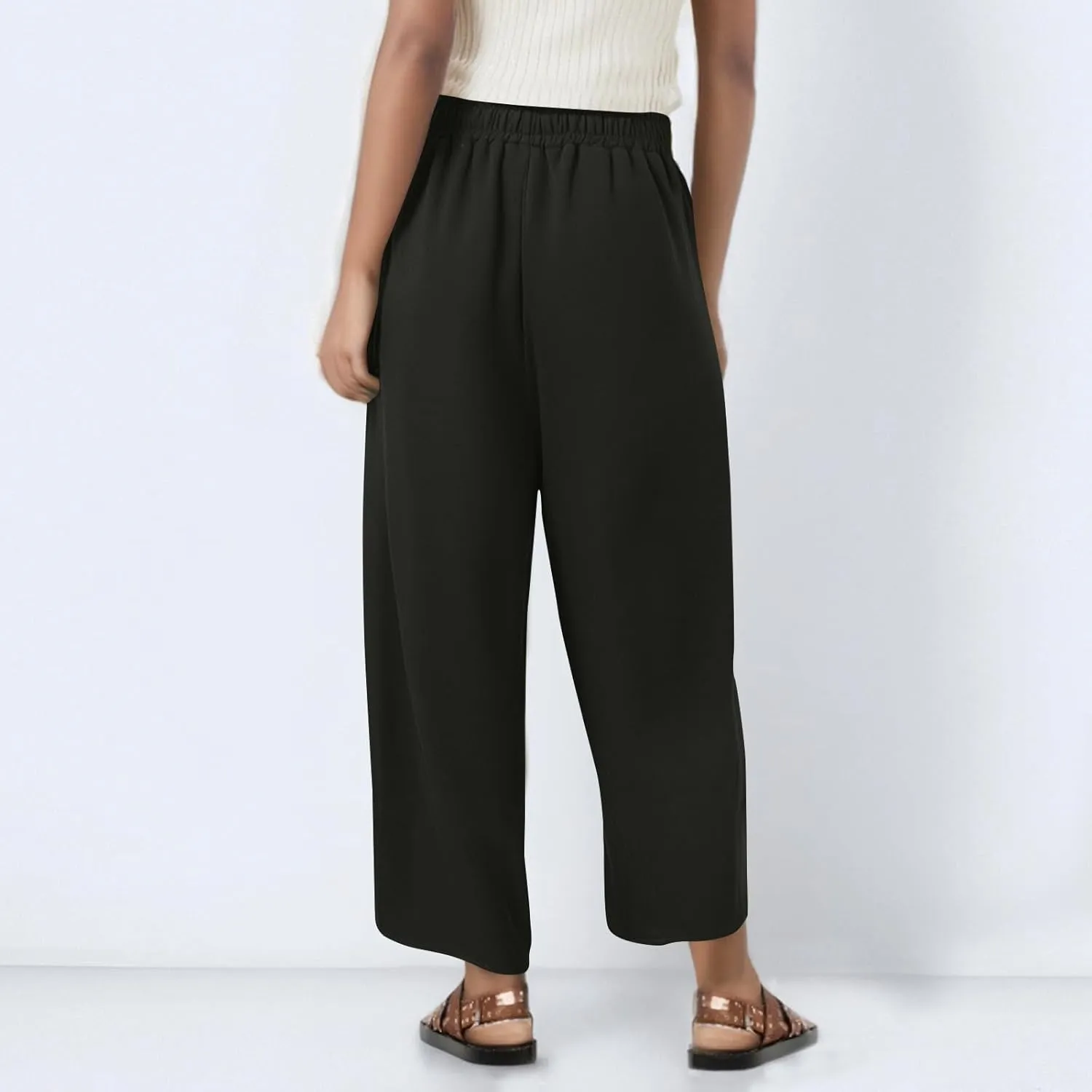 Women Linen Pants Cropped Pants Wide Leg High Waisted Palazzo Pants Summer Flowy Beach Lounge Casual Trousers with Pockets