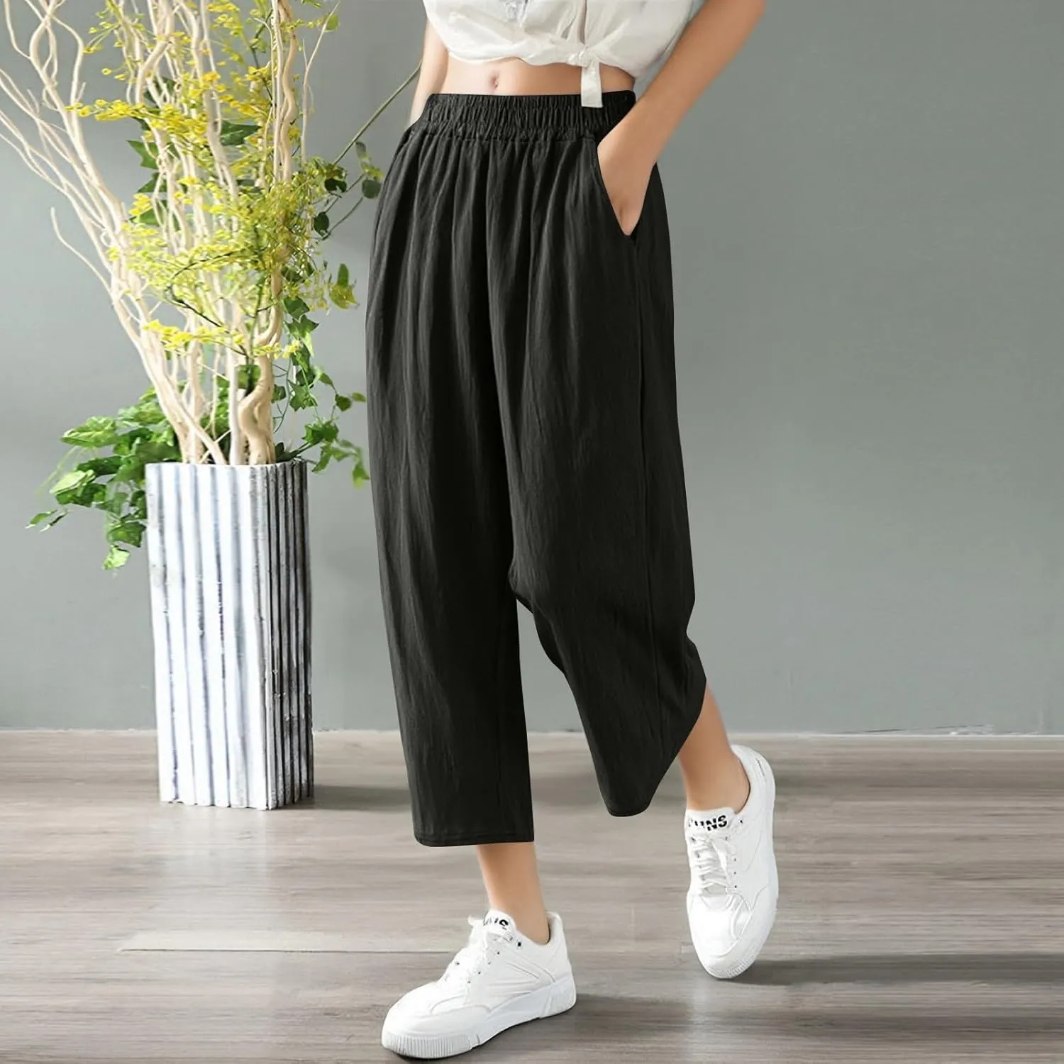 Women Linen Pants Cropped Pants Wide Leg High Waisted Palazzo Pants Summer Flowy Beach Lounge Casual Trousers with Pockets