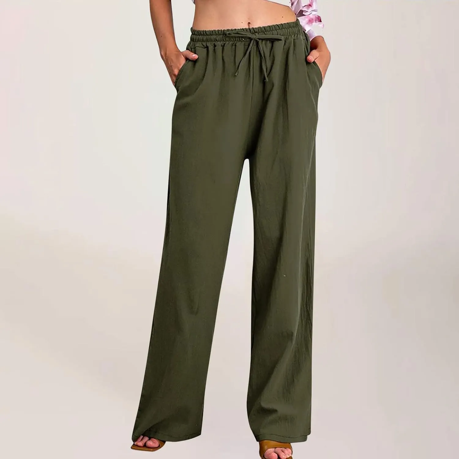 Women Long Linen Pants Casual Loose High Waist Drawstring Wide Leg Palazzo Pants Trousers with Pockets Baggy Slacks