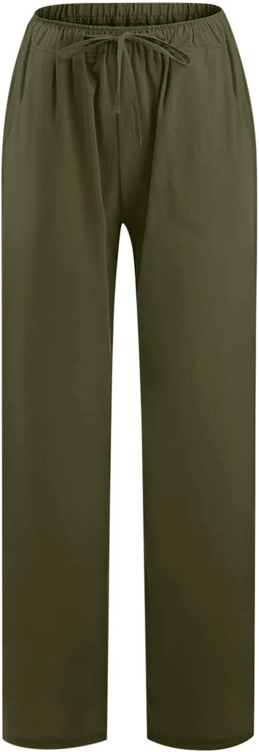 Women Long Linen Pants Casual Loose High Waist Drawstring Wide Leg Palazzo Pants Trousers with Pockets Baggy Slacks