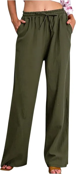 Women Long Linen Pants Casual Loose High Waist Drawstring Wide Leg Palazzo Pants Trousers with Pockets Baggy Slacks