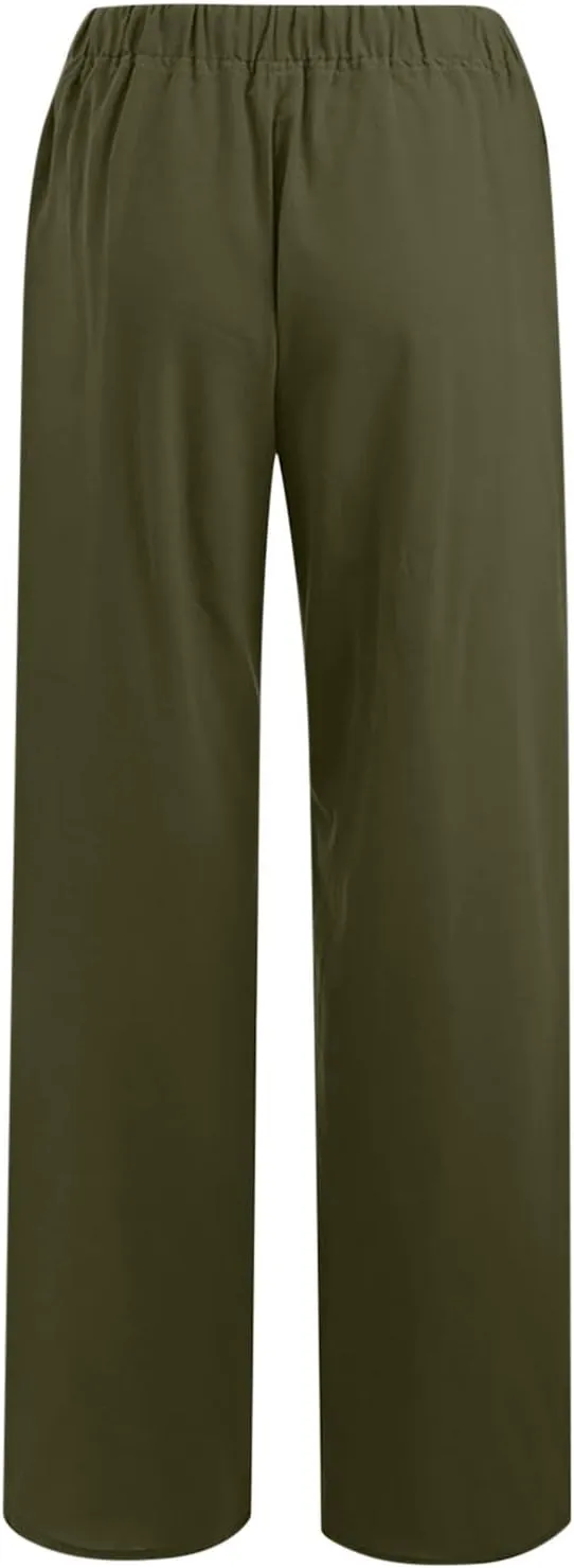Women Long Linen Pants Casual Loose High Waist Drawstring Wide Leg Palazzo Pants Trousers with Pockets Baggy Slacks
