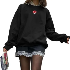 Women Long Sleeve Mushroom Embroidery Casual Oversized Crewneck Pullover Sweatshirt Tops