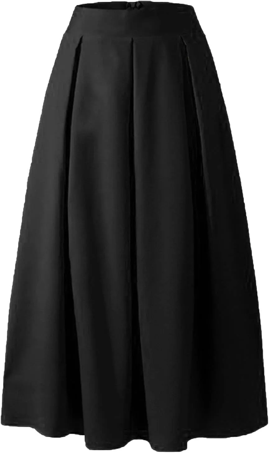 Women Midi Skirt Vintage Elastic High Waisted Pleated Skirt with Pockets A-Line Elegant Loose Business Work Midi Skirt