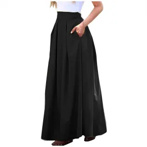 Women Midi Skirt Vintage Elastic High Waisted Pleated Skirt with Pockets A-Line Elegant Loose Business Work Midi Skirt