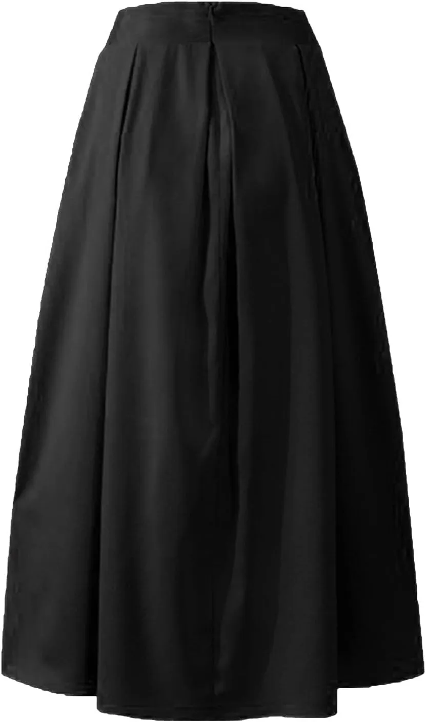 Women Midi Skirt Vintage Elastic High Waisted Pleated Skirt with Pockets A-Line Elegant Loose Business Work Midi Skirt