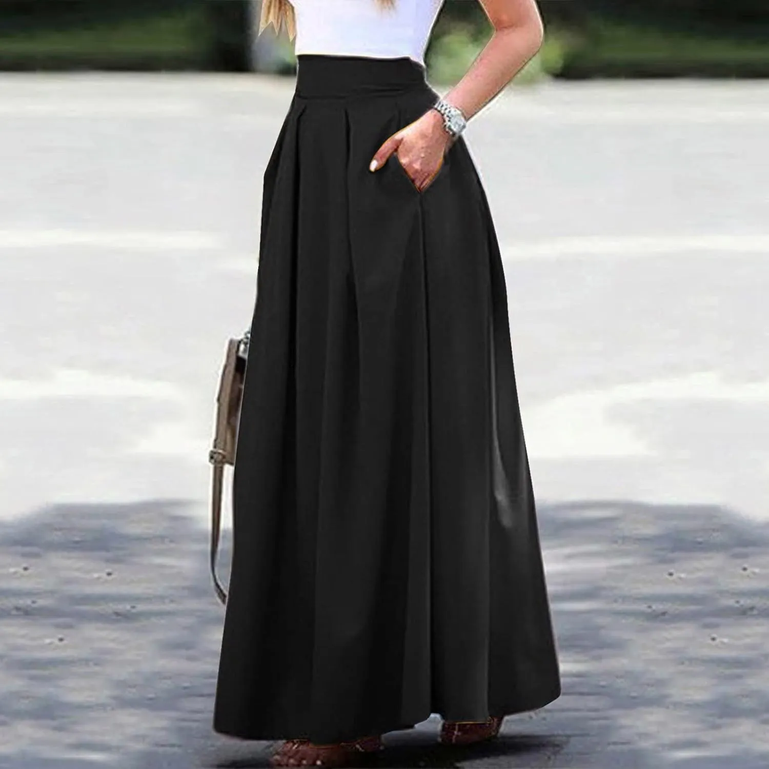 Women Midi Skirt Vintage Elastic High Waisted Pleated Skirt with Pockets A-Line Elegant Loose Business Work Midi Skirt
