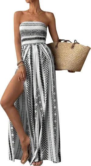 Women Strapless Boho Jumpsuits Casual Loose Overalls Jumpsuit Split Thigh Pants Romper Flowy Summer One Piece Outfit
