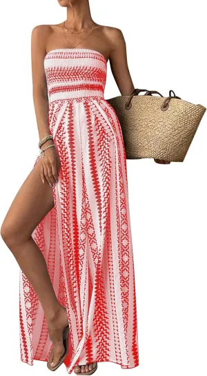 Women Strapless Boho Jumpsuits Casual Loose Overalls Jumpsuit Split Thigh Pants Romper Flowy Summer One Piece Outfit