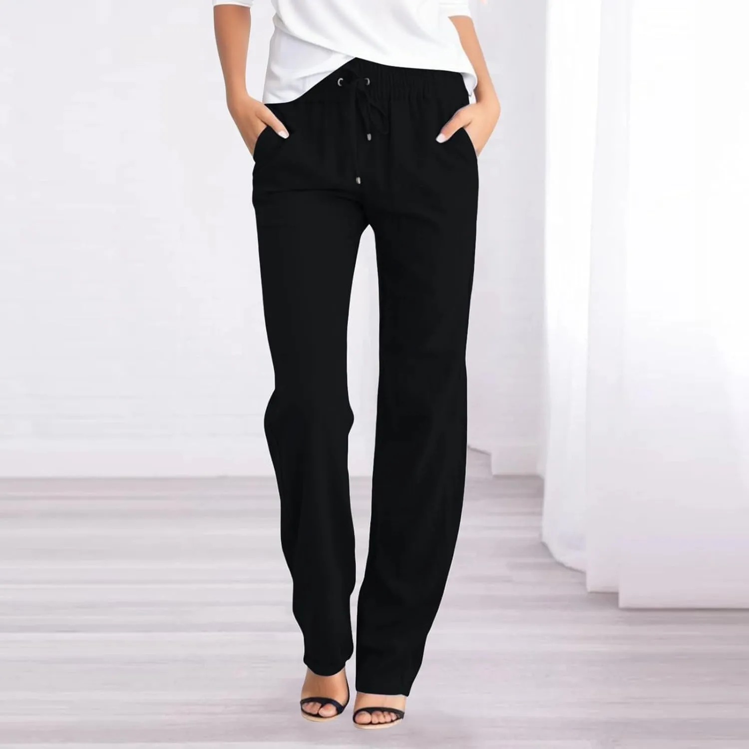 Women Summer Casual Cotton Linen Pants Solid Sports Lounge Beach Trousers Slim High Elastic Waist Pants with Pockets