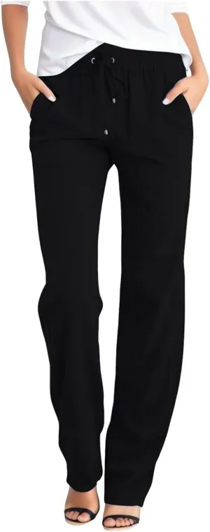 Women Summer Casual Cotton Linen Pants Solid Sports Lounge Beach Trousers Slim High Elastic Waist Pants with Pockets