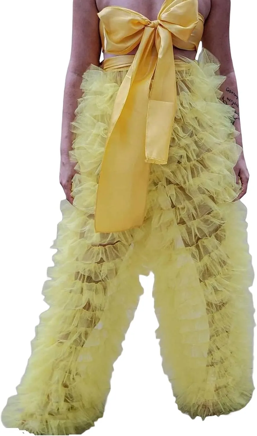 Women Tulle Pants Y2k Multi Layered Long Pants Ruffle Tiered High Waist Wide Leg Trousers Party Dress Up