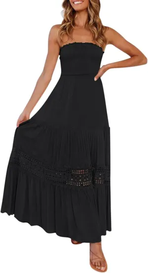 Women's 2023 Summer Bohemian Strapless Off Shoulder Lace Trim Backless Flowy A Line Beach Long Maxi Dress