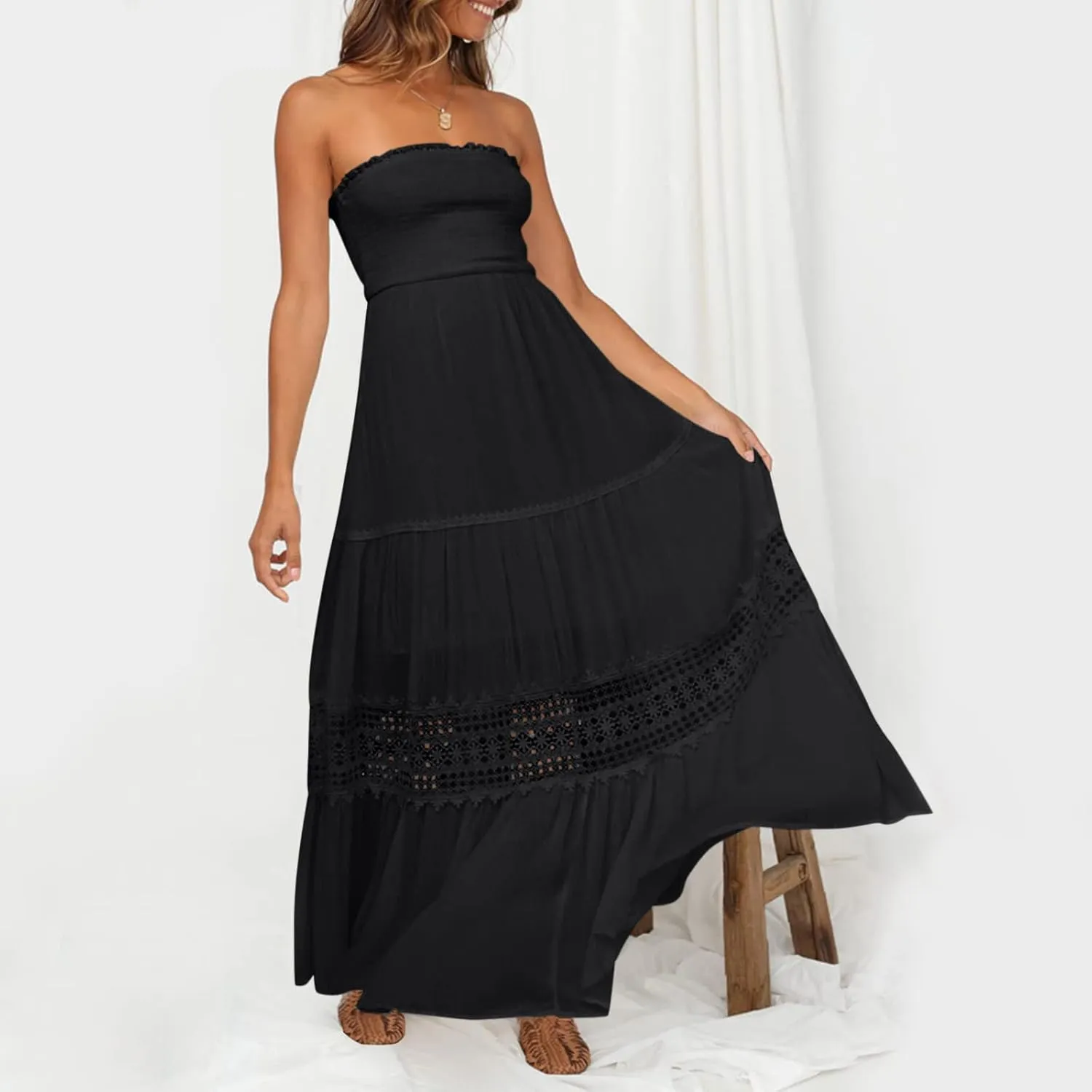 Women's 2023 Summer Bohemian Strapless Off Shoulder Lace Trim Backless Flowy A Line Beach Long Maxi Dress