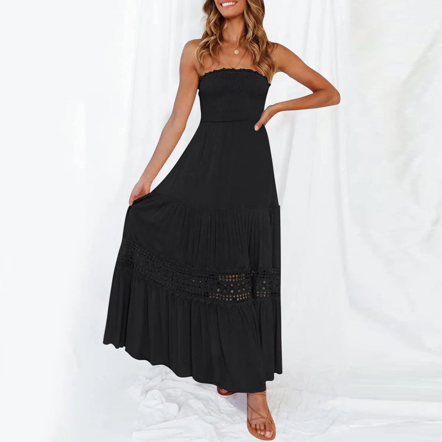 Women's 2023 Summer Bohemian Strapless Off Shoulder Lace Trim Backless Flowy A Line Beach Long Maxi Dress