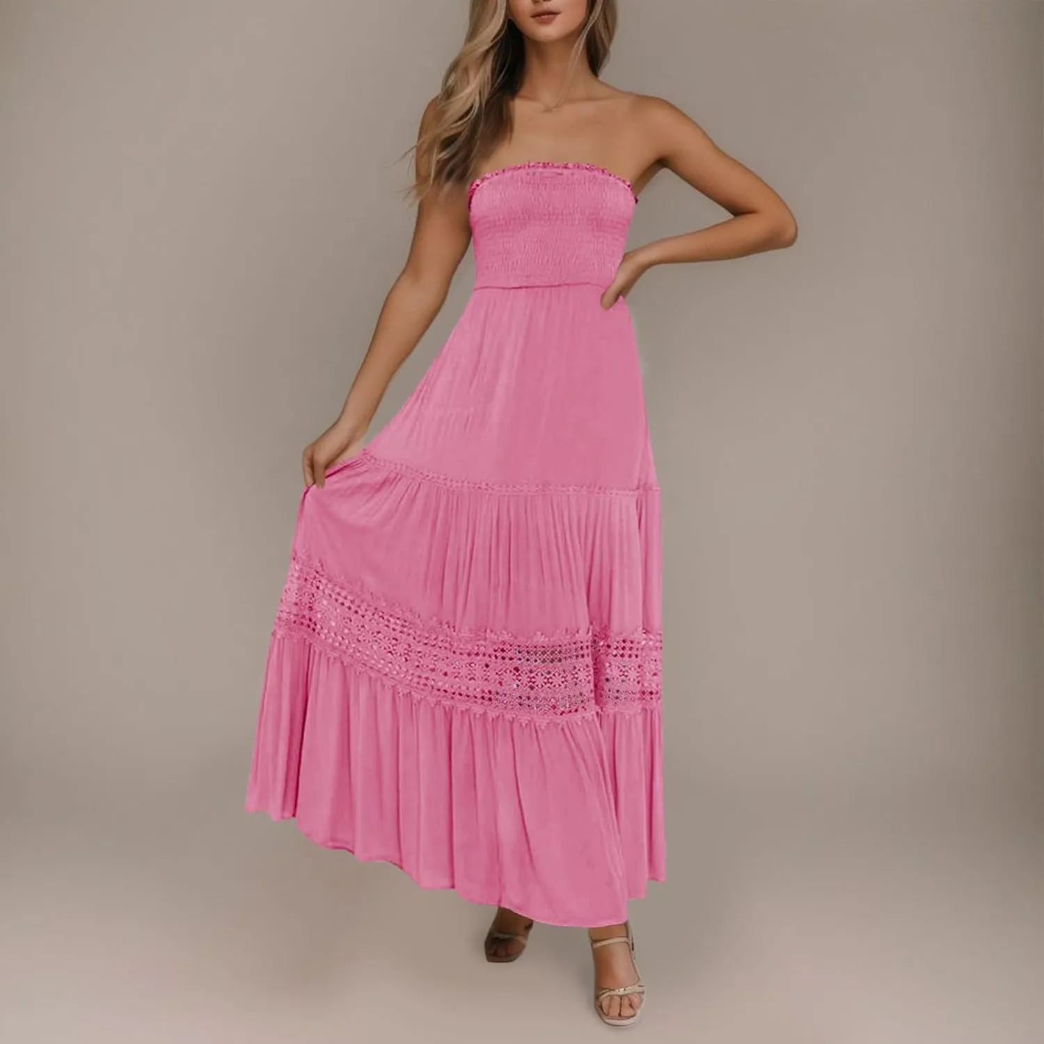 Women's 2023 Summer Bohemian Strapless Off Shoulder Lace Trim Backless Flowy A Line Beach Long Maxi Dress