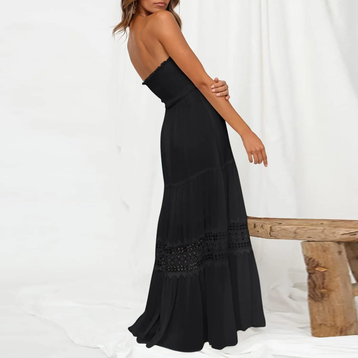 Women's 2023 Summer Bohemian Strapless Off Shoulder Lace Trim Backless Flowy A Line Beach Long Maxi Dress