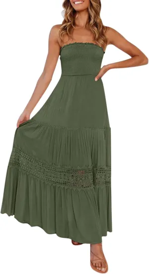 Women's 2023 Summer Bohemian Strapless Off Shoulder Lace Trim Backless Flowy A Line Beach Long Maxi Dress
