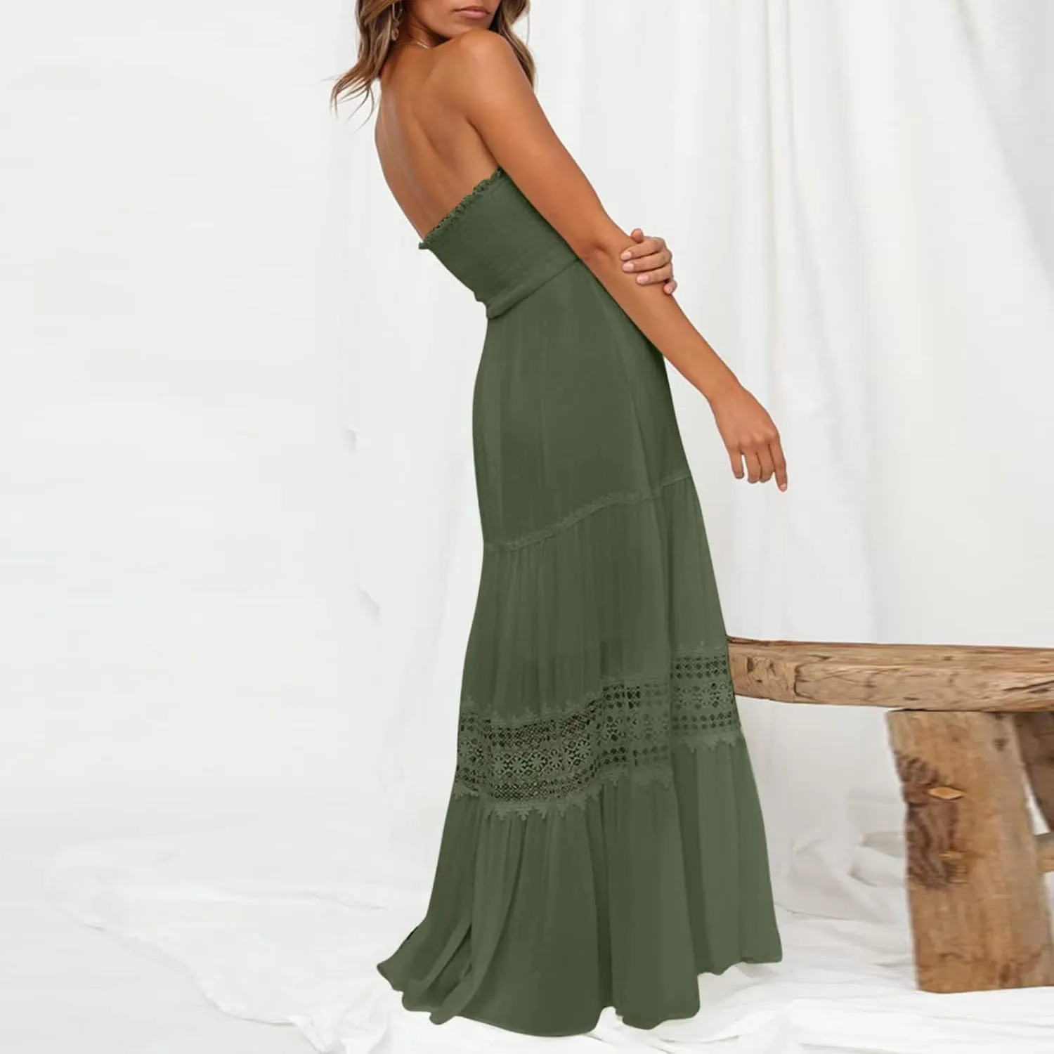 Women's 2023 Summer Bohemian Strapless Off Shoulder Lace Trim Backless Flowy A Line Beach Long Maxi Dress