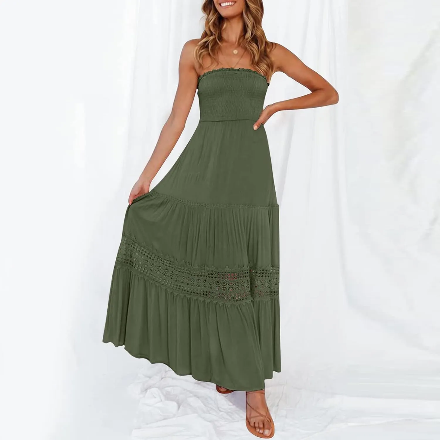 Women's 2023 Summer Bohemian Strapless Off Shoulder Lace Trim Backless Flowy A Line Beach Long Maxi Dress