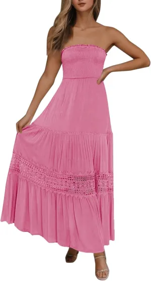 Women's 2023 Summer Bohemian Strapless Off Shoulder Lace Trim Backless Flowy A Line Beach Long Maxi Dress
