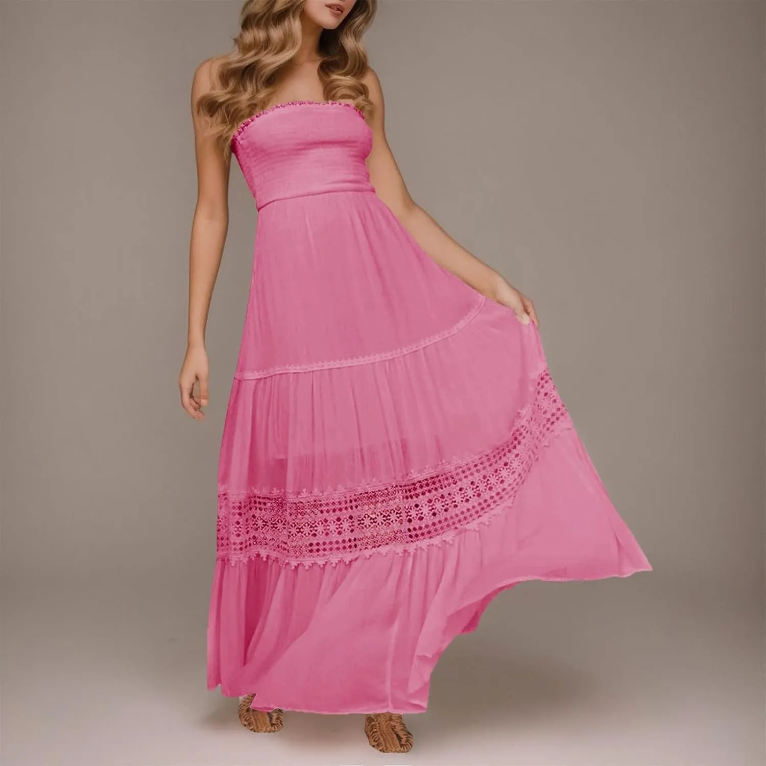 Women's 2023 Summer Bohemian Strapless Off Shoulder Lace Trim Backless Flowy A Line Beach Long Maxi Dress