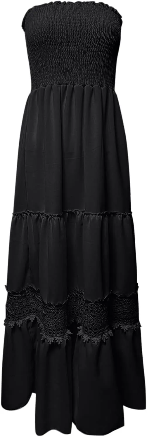 Women's 2023 Summer Bohemian Strapless Off Shoulder Lace Trim Backless Flowy A Line Beach Long Maxi Dress