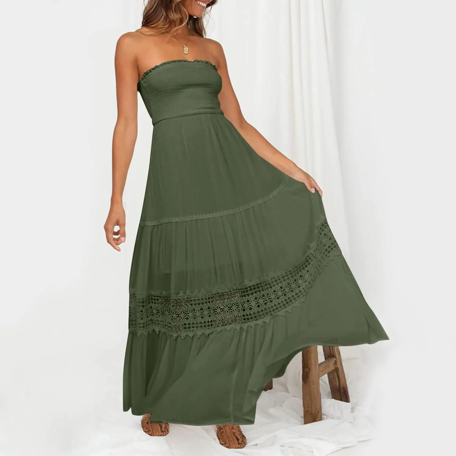 Women's 2023 Summer Bohemian Strapless Off Shoulder Lace Trim Backless Flowy A Line Beach Long Maxi Dress
