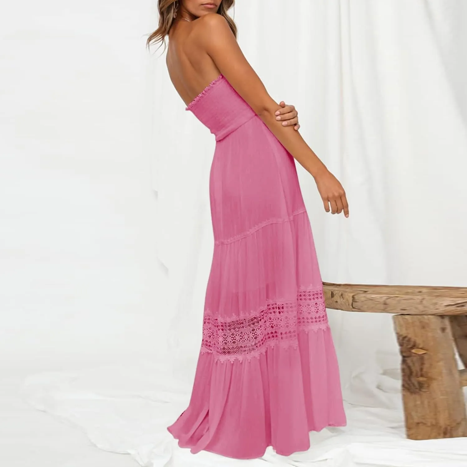 Women's 2023 Summer Bohemian Strapless Off Shoulder Lace Trim Backless Flowy A Line Beach Long Maxi Dress