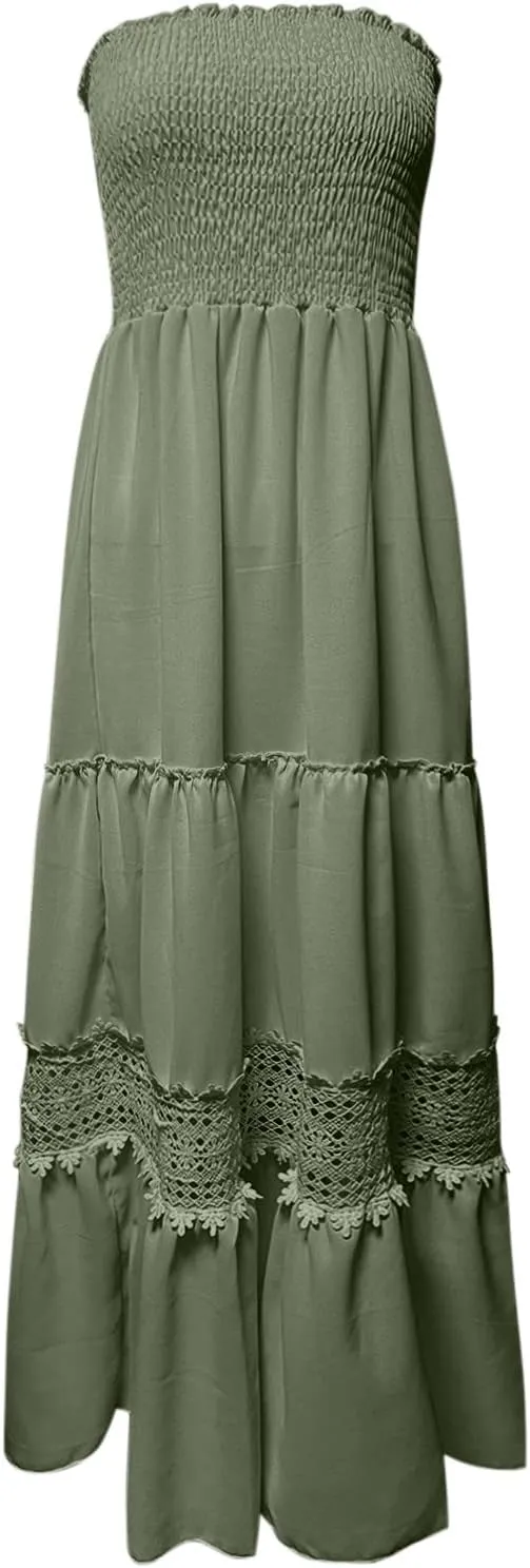 Women's 2023 Summer Bohemian Strapless Off Shoulder Lace Trim Backless Flowy A Line Beach Long Maxi Dress