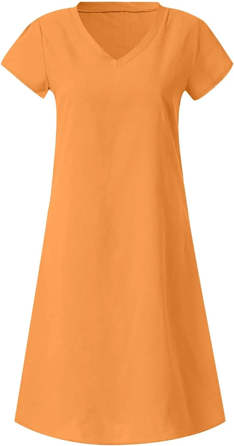 Women's 2025 Summer Short Sleeve Mini Dress Cotton Linen V Neck T-Shirt Dresses Casual A Line Slim Tank Sundresses