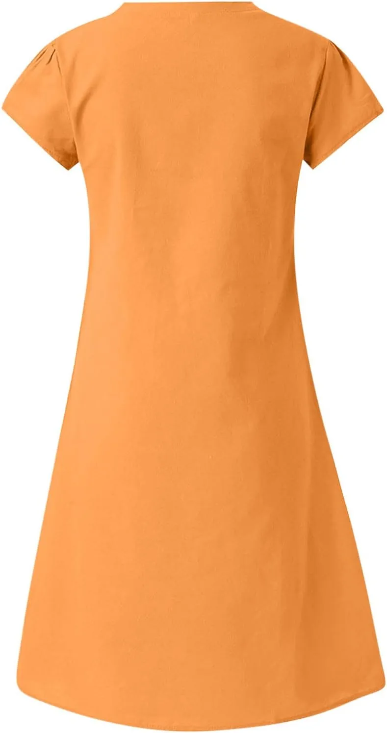 Women's 2025 Summer Short Sleeve Mini Dress Cotton Linen V Neck T-Shirt Dresses Casual A Line Slim Tank Sundresses