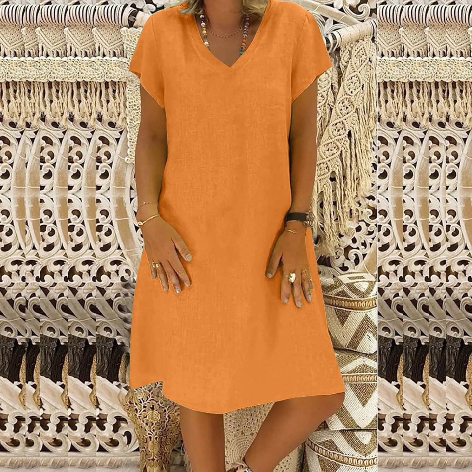 Women's 2025 Summer Short Sleeve Mini Dress Cotton Linen V Neck T-Shirt Dresses Casual A Line Slim Tank Sundresses