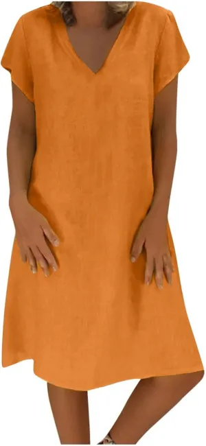 Women's 2025 Summer Short Sleeve Mini Dress Cotton Linen V Neck T-Shirt Dresses Casual A Line Slim Tank Sundresses