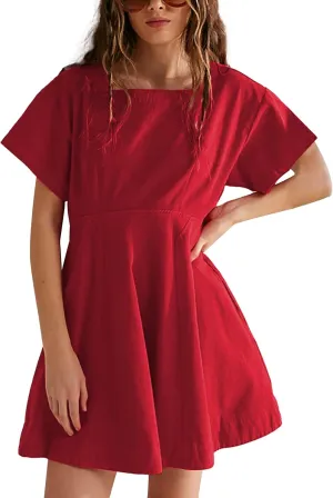 Women's A-Line Short Sleeve Summer Casual Mini Dress Button Back Square Neck Oversized Dresses