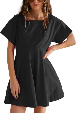 Women's A-Line Short Sleeve Summer Casual Mini Dress Button Back Square Neck Oversized Dresses