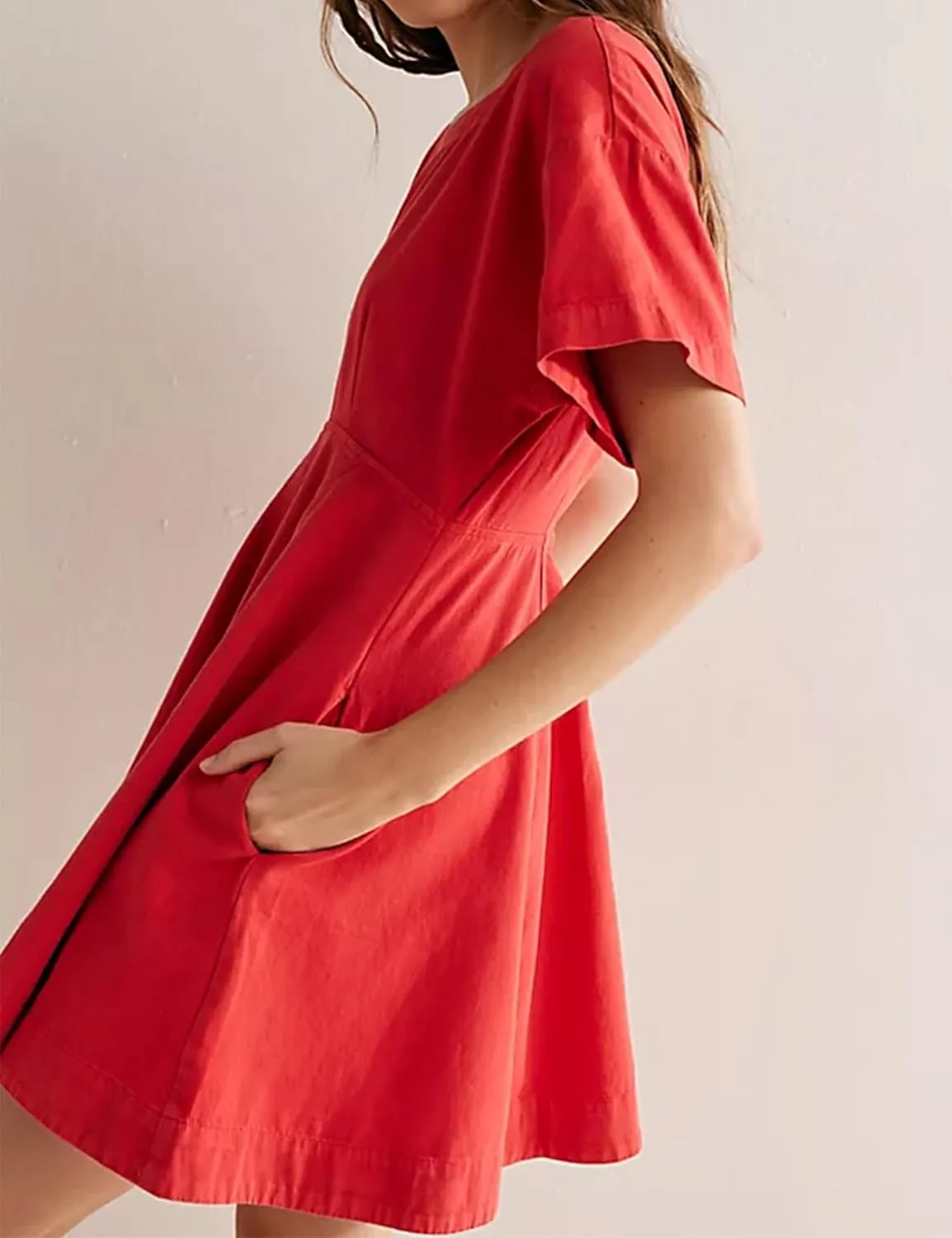 Women's A-Line Short Sleeve Summer Casual Mini Dress Button Back Square Neck Oversized Dresses